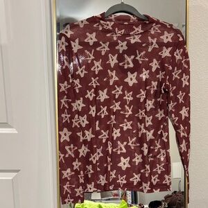 Brown Star Print Long Sleeve Sheer Top